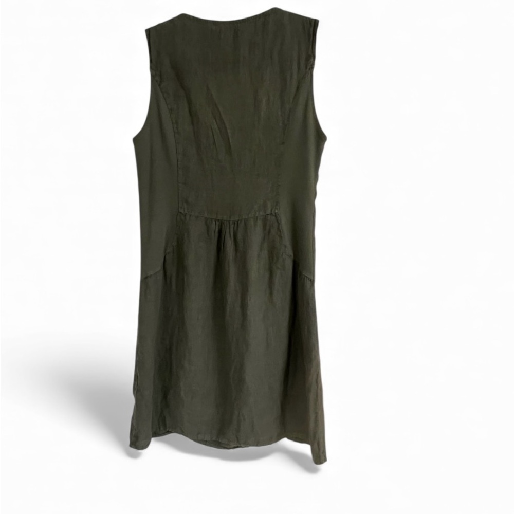 Lina Tomei Sleeveless Olive Green 100% linen Dress with Beaded Neckline - Picture 4 of 5
